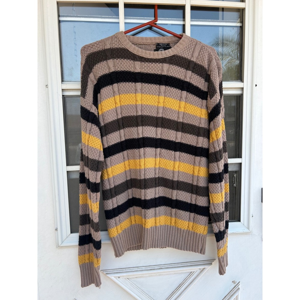 Vintage Panache Striped Cable Knit Sweater Mens Large Cotton Made in USA Brown